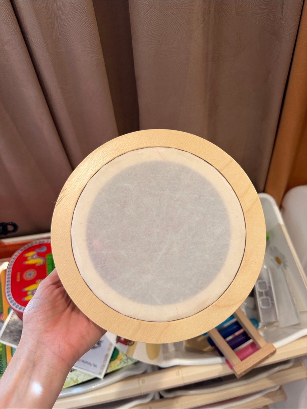 Round Wooden Frame Drum - Natural Wood, White Center